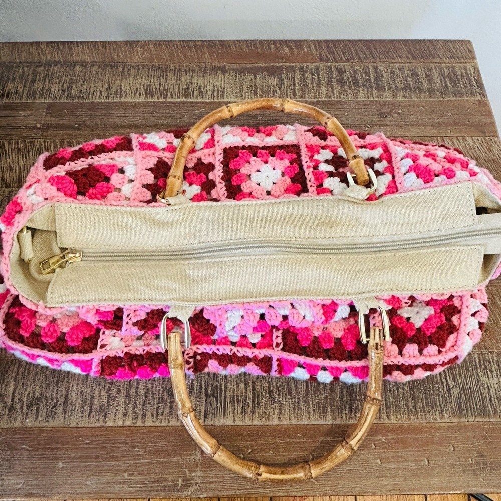 Boho Crochet Granny Square Purse Handbag Bamboo Style Handles Retro Hippie Pink - Picture 8 of 11